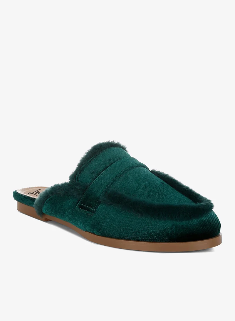 London Rag Fur Detail Velvet Slip-On Mules in Bottle Green