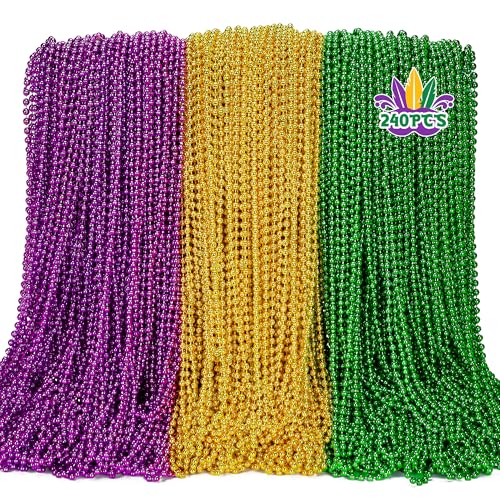 EOBOH 240PCS Mardi Gras Beads Mardi Gras Beads Green Purple Gold Bulk Metallic Round Necklaces Accessories Bulk Necklace Costumes for Parade Throws Party Decorations Favor Supplies - Image 1