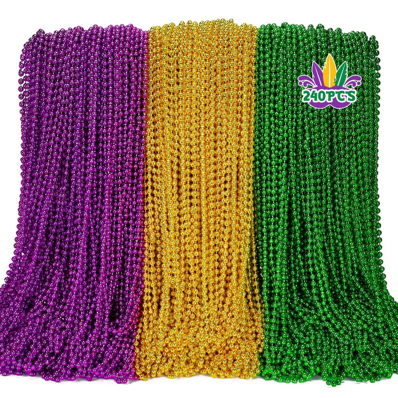 EOBOH 240PCS Mardi Gras Beads Mardi Gras Beads Green Purple Gold Bulk Metallic Round Necklaces Accessories Bulk Necklace Costumes for Parade Throws Party Decorations Favor Supplies - Image 3