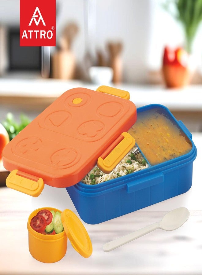 ATTRO TicTac Plastic Lunch Box – 3 Compartment Bento Tiffin, Leak-Proof & Durable, Ideal for Kids, School, Picnic– 1200ml+80ml, Orange Blue - Image 2