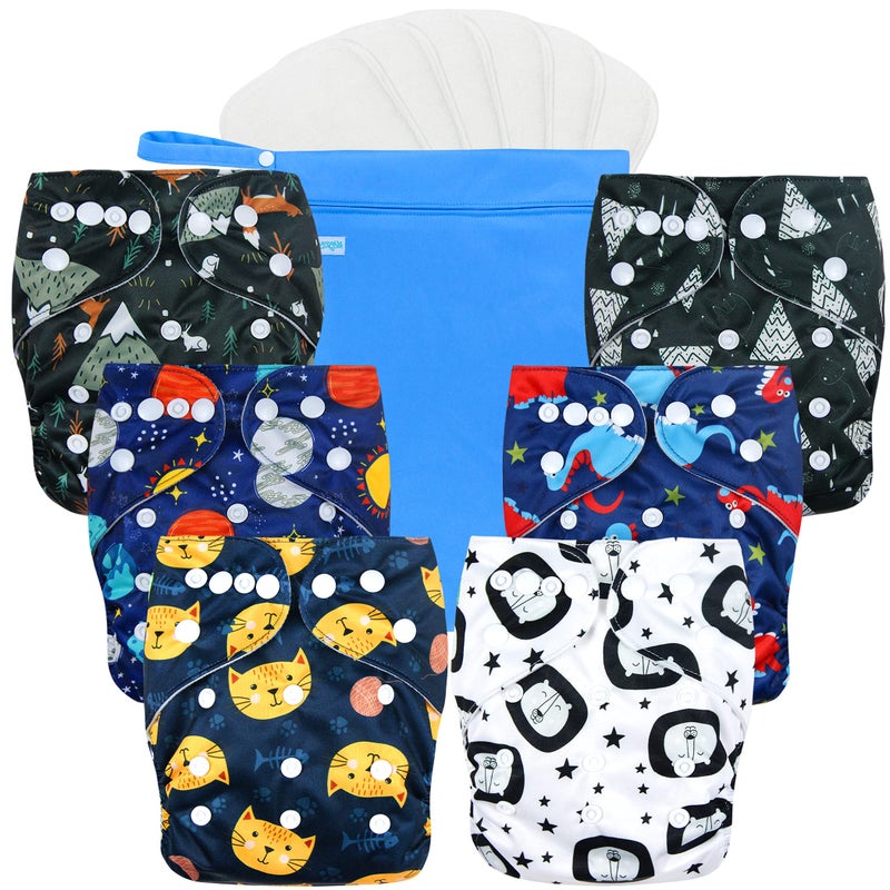 wegreeco Cloth Diapers 6 Pack with 6 Inserts & 1 Wet Bag, Washable Cloth Diapers for Babies, One Size Adjustable Reusable (Dinosaur) - Image 1