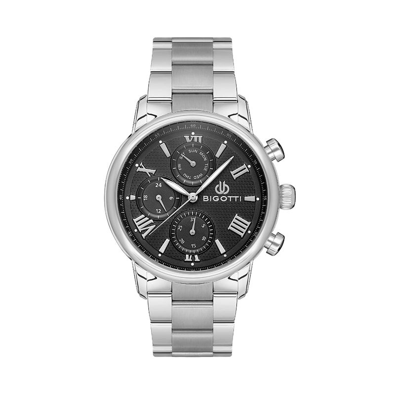 Bigotti Silver Stainless Steel Watch for Men BG.1.10513-2 - Black Emboss Dial, 43mm Case, Japanese Quartz, Day-Date Display, 50M Water Resistant, Mineral Glass - Image 1