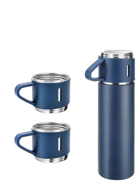 500ml Stainless Steel Vacuum Flask Set with Two Cups Blue