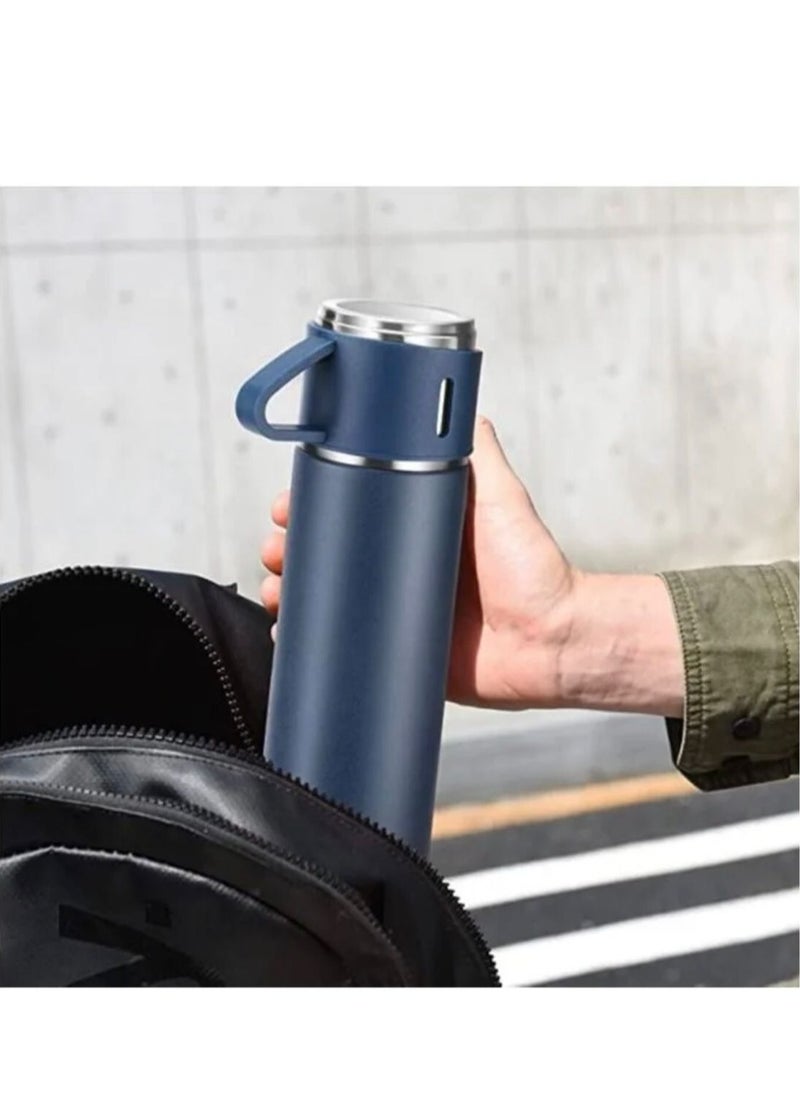 500ml Stainless Steel Vacuum Flask Set with Two Cups Blue