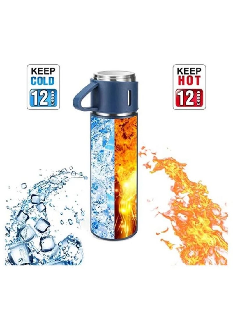 500ml Stainless Steel Vacuum Flask Set with Two Cups Blue