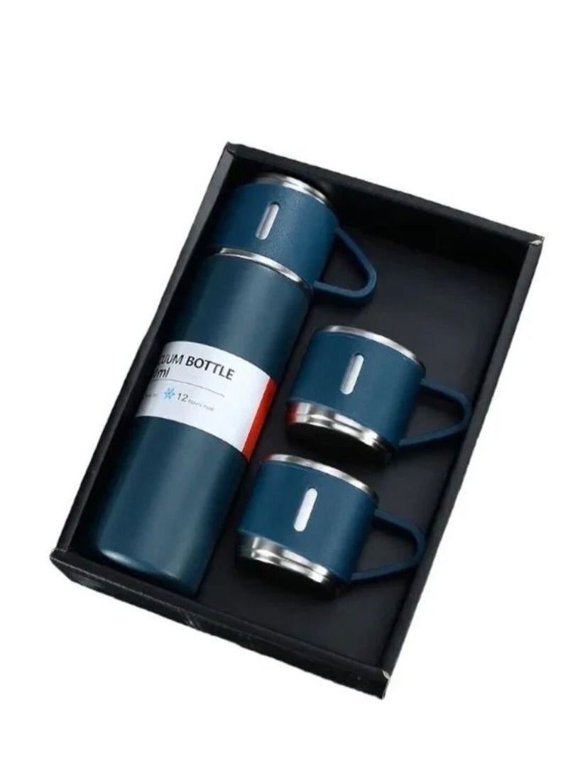 500ml Stainless Steel Vacuum Flask Set with Two Cups Blue