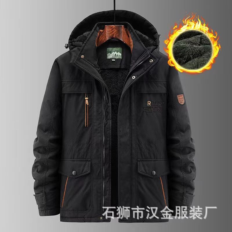 Cross-border plus size Jacket Mens Cotton-padded Jacket Winter fleece-lined Thickened Large Cotton-padded Clothes Outdoor Windproof Multi-pocket Rustic Clothes Black upgraded plus velvet - Image 1