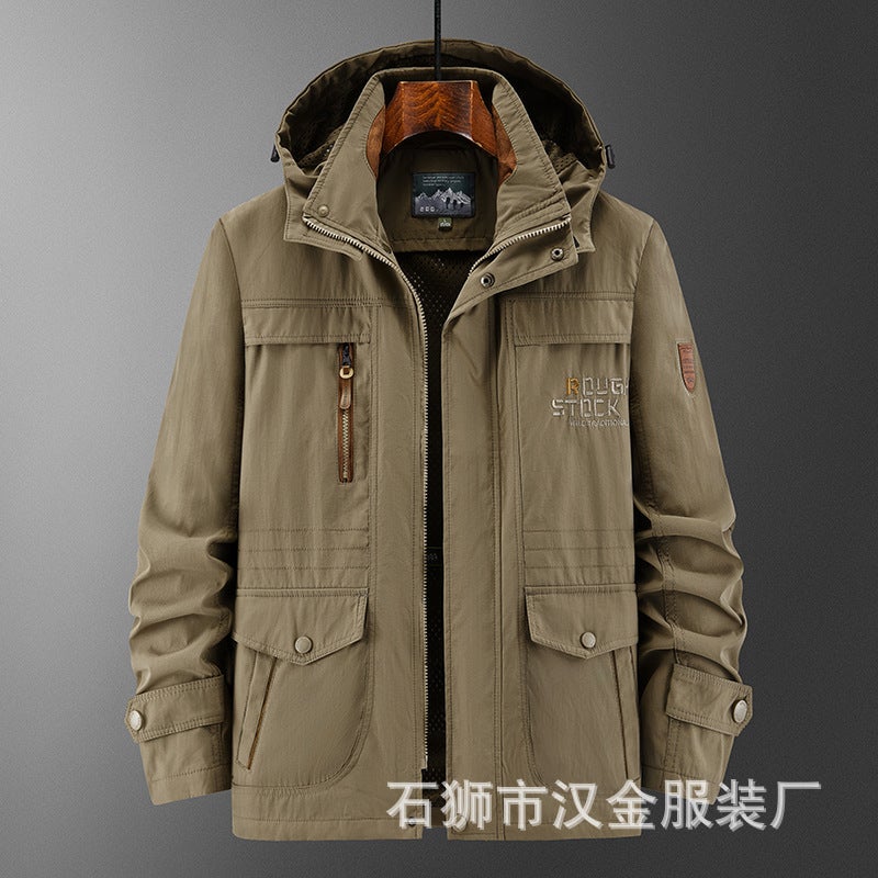 Cross-border plus size Jacket Mens Cotton-padded Jacket Winter fleece-lined Thickened Large Cotton-padded Clothes Outdoor Windproof Multi-pocket Rustic Clothes Black upgraded plus velvet - Image 3