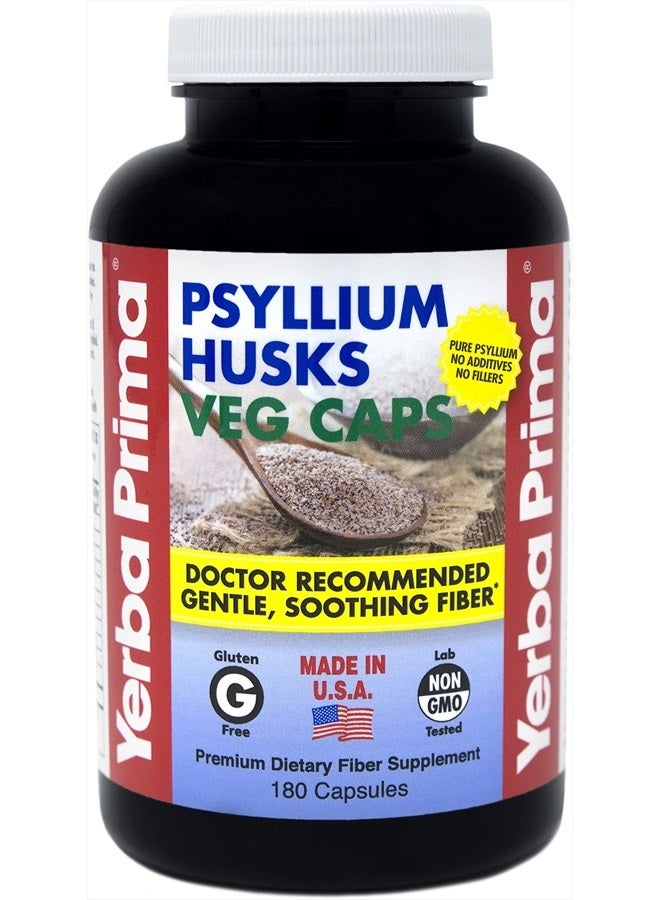 Yerba Prima Psyllium Husks, 180 Veg Capsules (625mg) - Vegan, Non-GMO, Gluten Free, Colon Cleanser, Daily Fiber Supplement for Gut Health & Regularity - Image 1