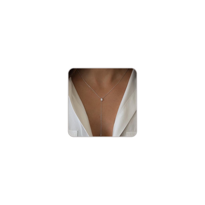 Fglqfam Lariat Necklace for Women, Dainty Gold Long Necklaces, 14k Gold/Silver Plated Y-Shaped Drop Chain Necklace, Simple Layered Necklaces, Trendy Jewelry Gifts for Her (Single CZ Y Necklace-Silver) - Image 1