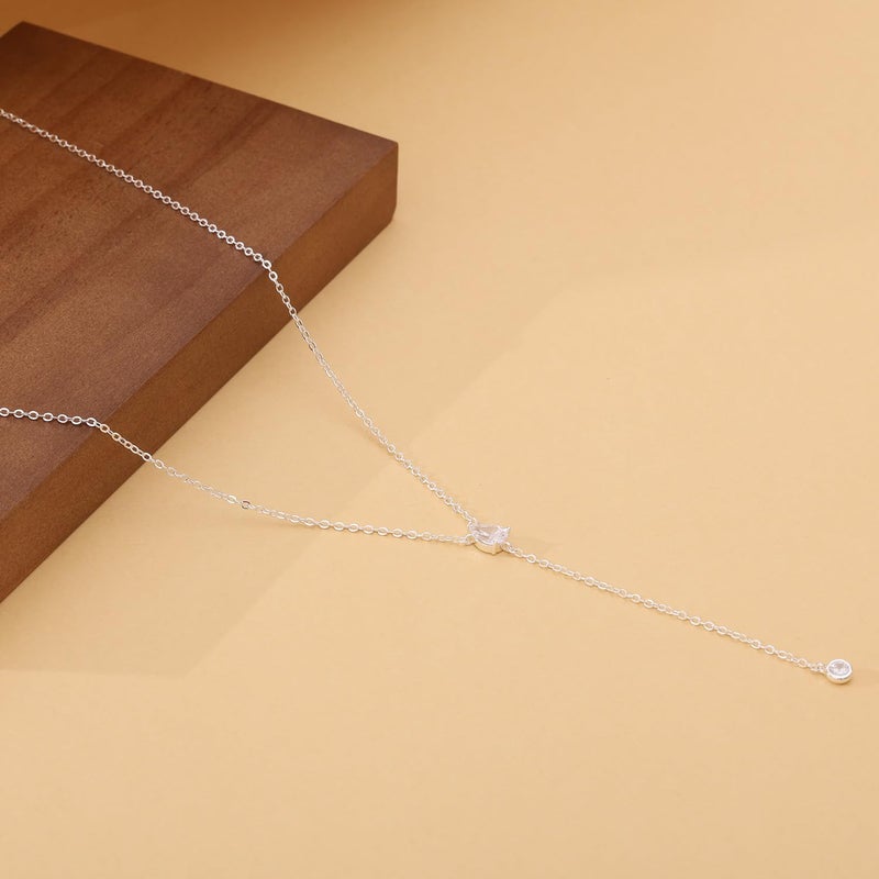Fglqfam Lariat Necklace for Women, Dainty Gold Long Necklaces, 14k Gold/Silver Plated Y-Shaped Drop Chain Necklace, Simple Layered Necklaces, Trendy Jewelry Gifts for Her (Single CZ Y Necklace-Silver) - Image 5