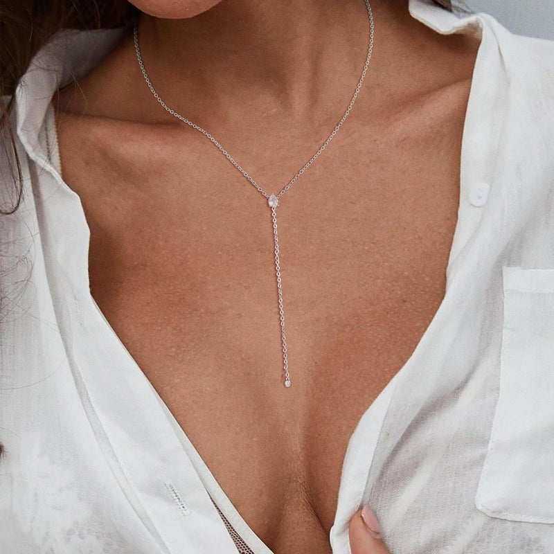Fglqfam Lariat Necklace for Women, Dainty Gold Long Necklaces, 14k Gold/Silver Plated Y-Shaped Drop Chain Necklace, Simple Layered Necklaces, Trendy Jewelry Gifts for Her (Single CZ Y Necklace-Silver) - Image 4