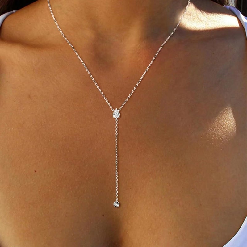 Fglqfam Lariat Necklace for Women, Dainty Gold Long Necklaces, 14k Gold/Silver Plated Y-Shaped Drop Chain Necklace, Simple Layered Necklaces, Trendy Jewelry Gifts for Her (Single CZ Y Necklace-Silver) - Image 3