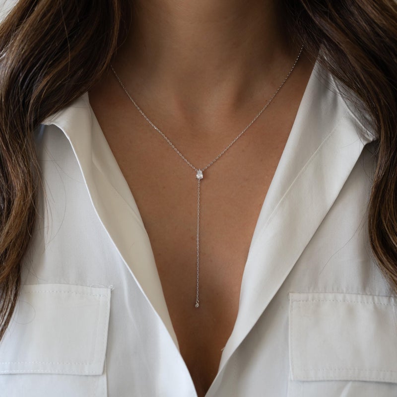 Fglqfam Lariat Necklace for Women, Dainty Gold Long Necklaces, 14k Gold/Silver Plated Y-Shaped Drop Chain Necklace, Simple Layered Necklaces, Trendy Jewelry Gifts for Her (Single CZ Y Necklace-Silver) - Image 2