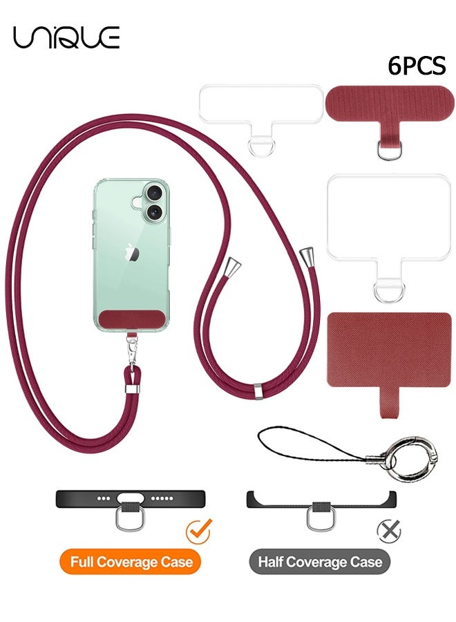 يونيك حبل الهاتف - حبل الهاتف مع 4 بقع عالمية - حبل هاتف قابل للتعديل بطول 1.6 متر - يمكن استخدامه للهاتف المتقاطع وأحزمة الرقبة والمعصم - مع خطاف معدني - متوافق مع معظم الهواتف الذكية مع حافظة التغطية الكاملة - حرر يديك (أحمر نبيذ / شفاف) - Image 1