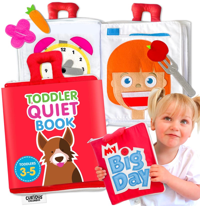 Curious Columbus Quiet Book for Toddlers – Large Fabric Montessori Activity Book with 10 Pages for Learning and Quiet Play, Airplane and Road Trip Travel Toy - Image 1