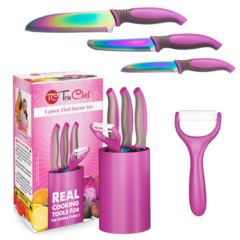 TruChef Kids Knife Set For Cooking  5 Piece Kids Cook Set in Pink  Kids Cooking Supplies with Kids Chef Knife Kids Paring Knife Kids Peeler Kids Serrated Knife  Universal Holder