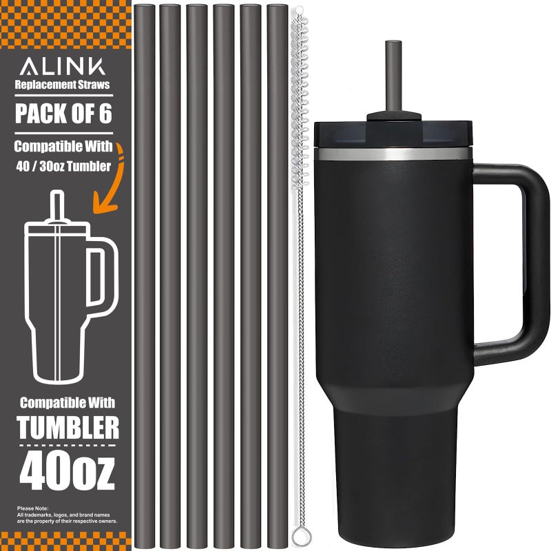ALINK [DISHWASHER SAFE] 6 Pack Replacement Straws for Stanley 40 oz 30 oz Cup Tumbler, 12 inch Long Gray Reusable Plastic Straws with Brush for Stanley, Owala, Yeti Tumbler, BPA FREE - Image 1
