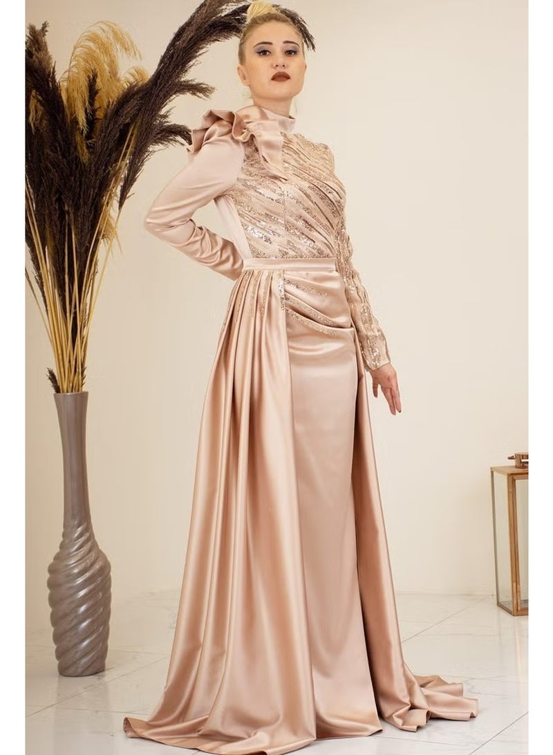 Esilanur Sueda Hijab Evening Dress Gold - Image 2