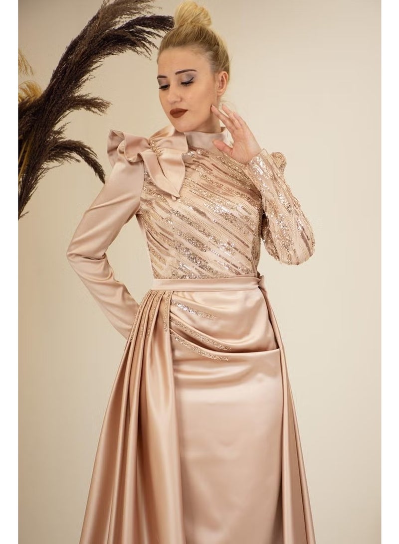 Esilanur Sueda Hijab Evening Dress Gold - Image 3