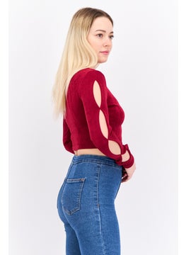Asos Design Women Round Neck Long Sleeve Textured Cut Out Top, Burgundy  - Image 2