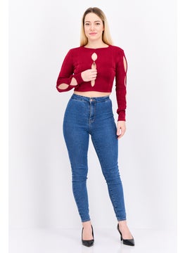 Asos Design Women Round Neck Long Sleeve Textured Cut Out Top, Burgundy  - Image 4