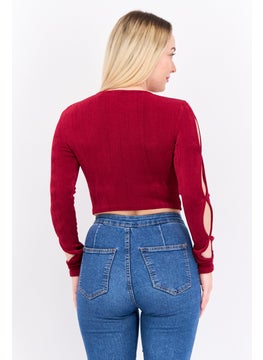 Asos Design Women Round Neck Long Sleeve Textured Cut Out Top, Burgundy  - Image 3