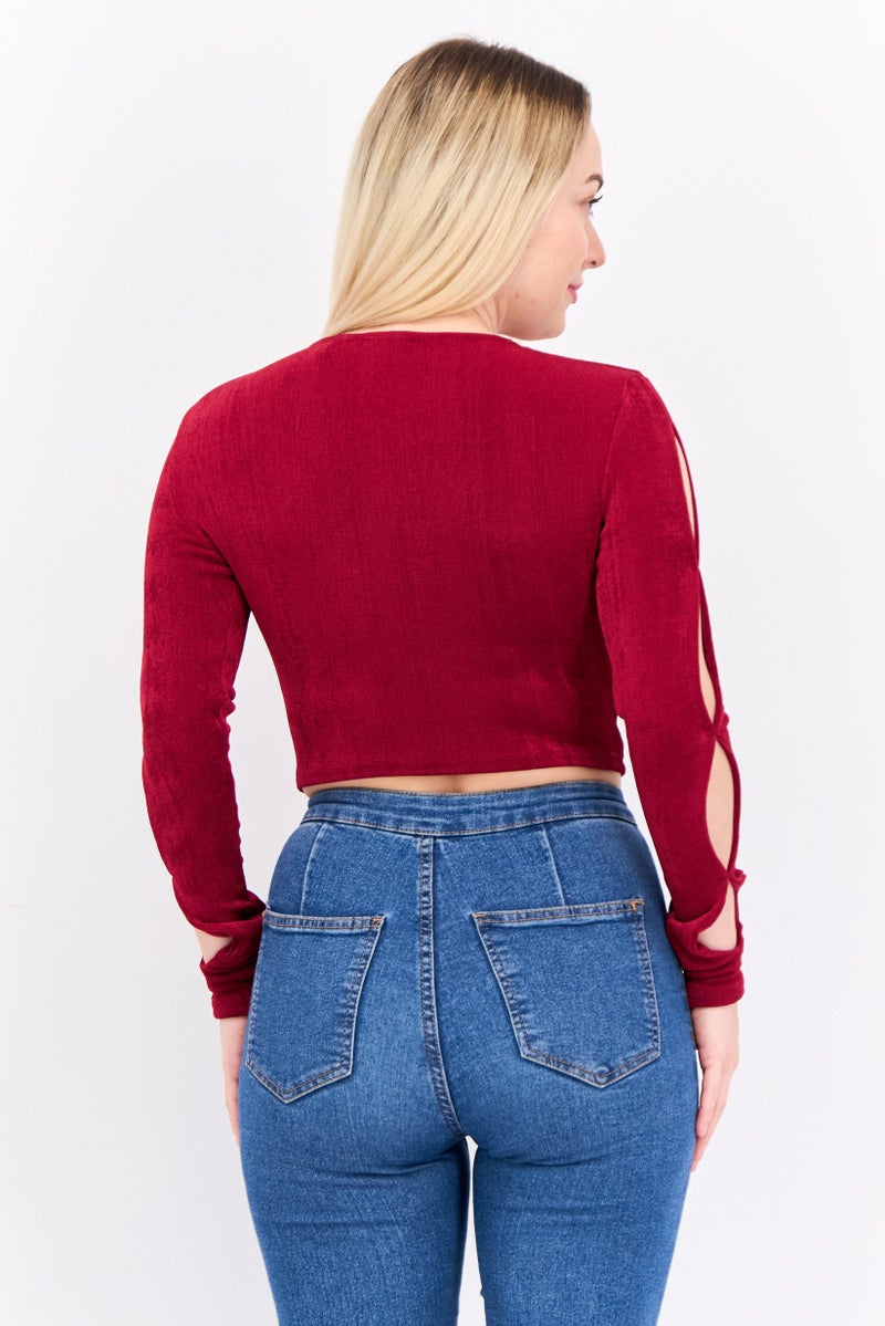Asos Design Women Round Neck Long Sleeve Textured Cut Out Top, Burgundy - Image 3