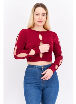 Asos Design Women Round Neck Long Sleeve Textured Cut Out Top, Burgundy  - Image 1