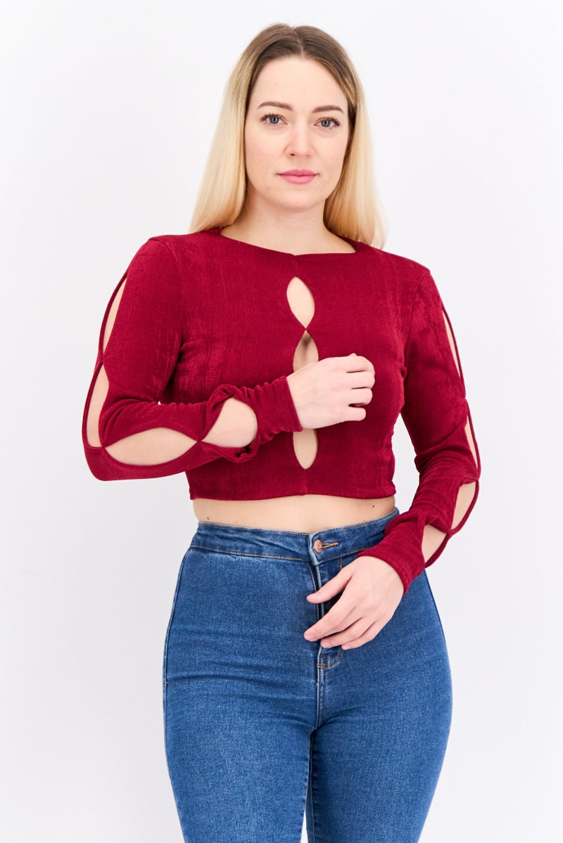 Asos Design Women Round Neck Long Sleeve Textured Cut Out Top, Burgundy - Image 1