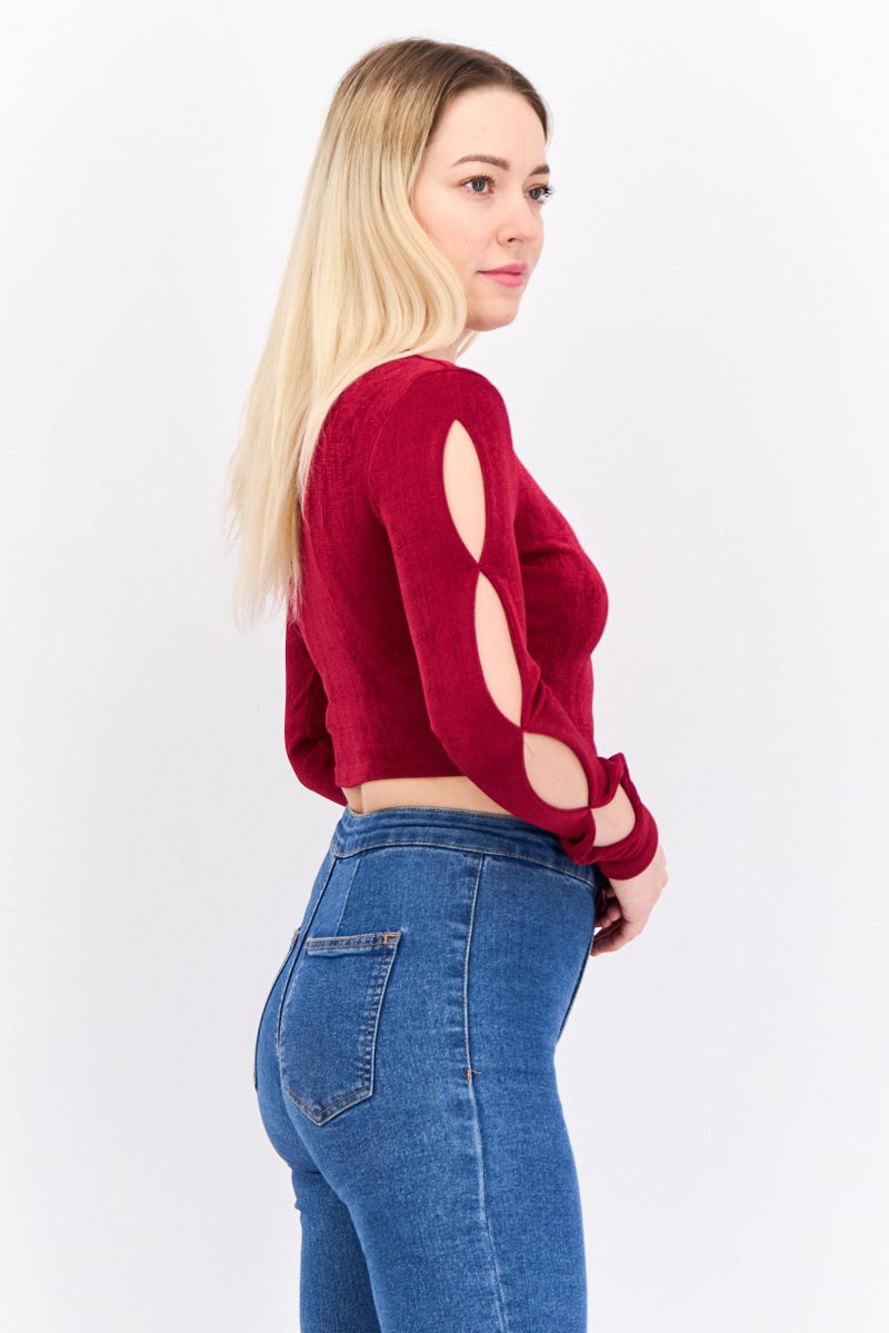Asos Design Women Round Neck Long Sleeve Textured Cut Out Top, Burgundy - Image 2