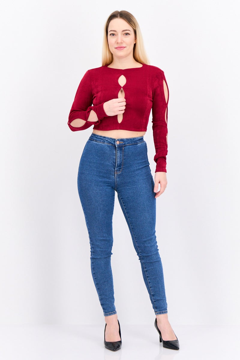Asos Design Women Round Neck Long Sleeve Textured Cut Out Top, Burgundy - Image 4