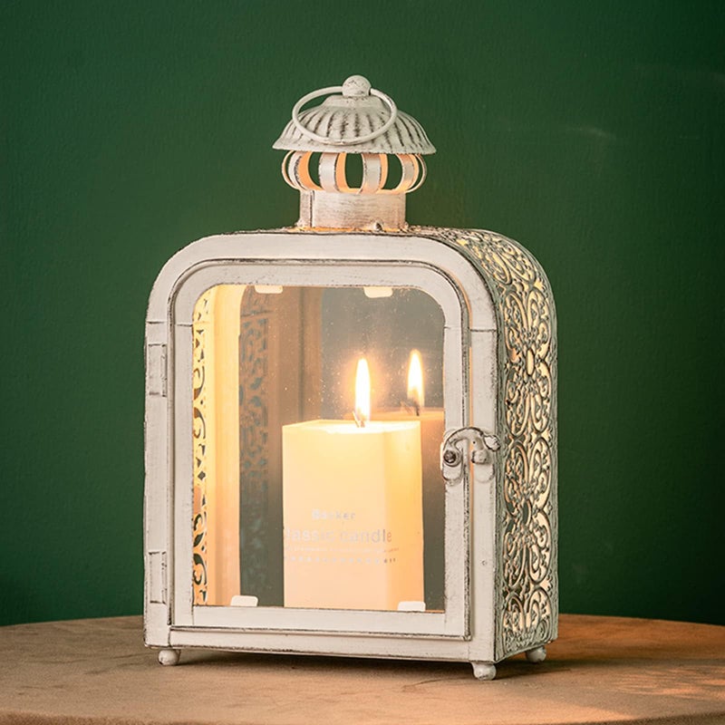 DECORKEY Candle Lantern Decorative Indoor & Outdoor, Vintage Metal Lanterns with Clear Glass, Tabletop&Hanging Candle Holders for Patio Front Porch Home Decor, Halloween Christmas Decorations (White) - Image 1