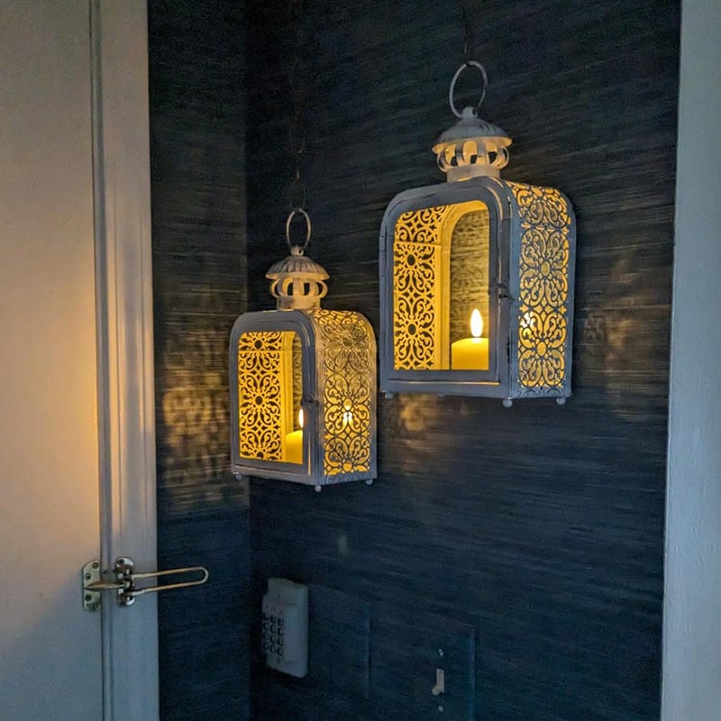 DECORKEY Candle Lantern Decorative Indoor & Outdoor, Vintage Metal Lanterns with Clear Glass, Tabletop&Hanging Candle Holders for Patio Front Porch Home Decor, Halloween Christmas Decorations (White) - Image 2