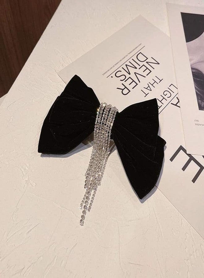 Shidara 1 Pcs Luxury Big Ponytail Holder Women Rhinestone Tassel Velvet Hairpin Spring Clip Bow Hair Clips (Color : Black, Size : One Size) - Image 1