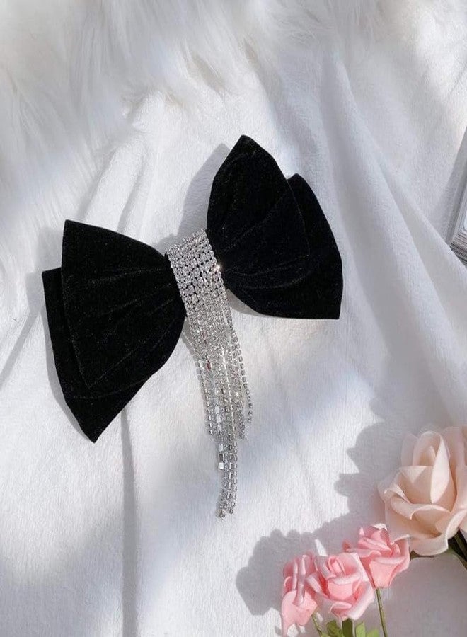 Shidara 1 Pcs Luxury Big Ponytail Holder Women Rhinestone Tassel Velvet Hairpin Spring Clip Bow Hair Clips (Color : Black, Size : One Size) - Image 3