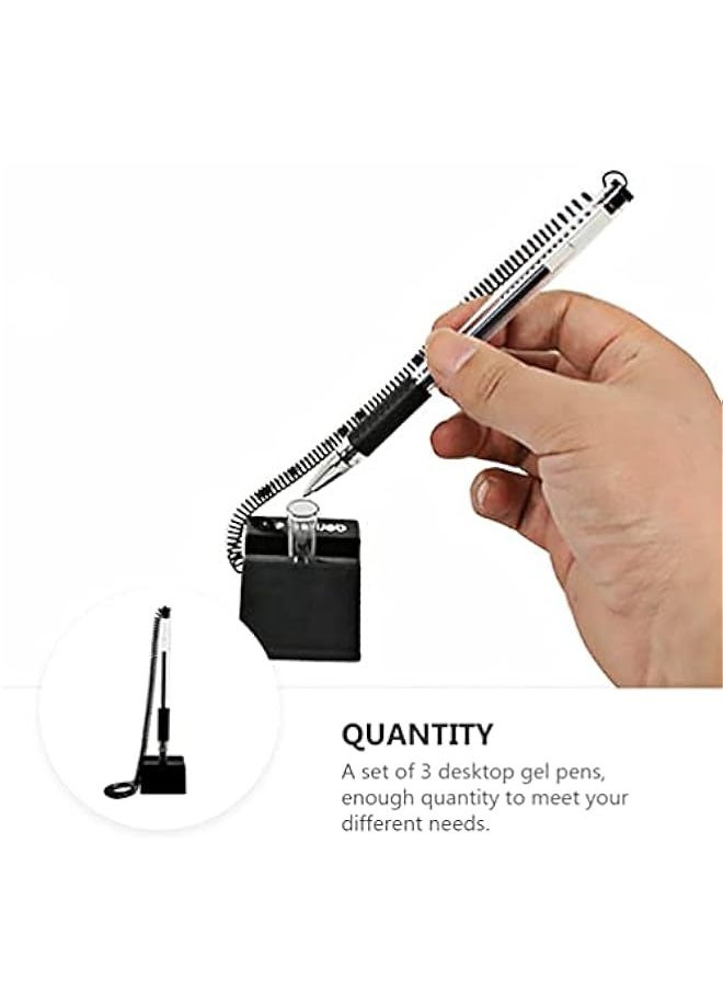Generic 3pcs Secure Counter Pens with Adhesive Chain Desktop Gel Ink Pen Security Pen Holder Stand Type Spring Joint Pen for Reception Desk  - Image 1