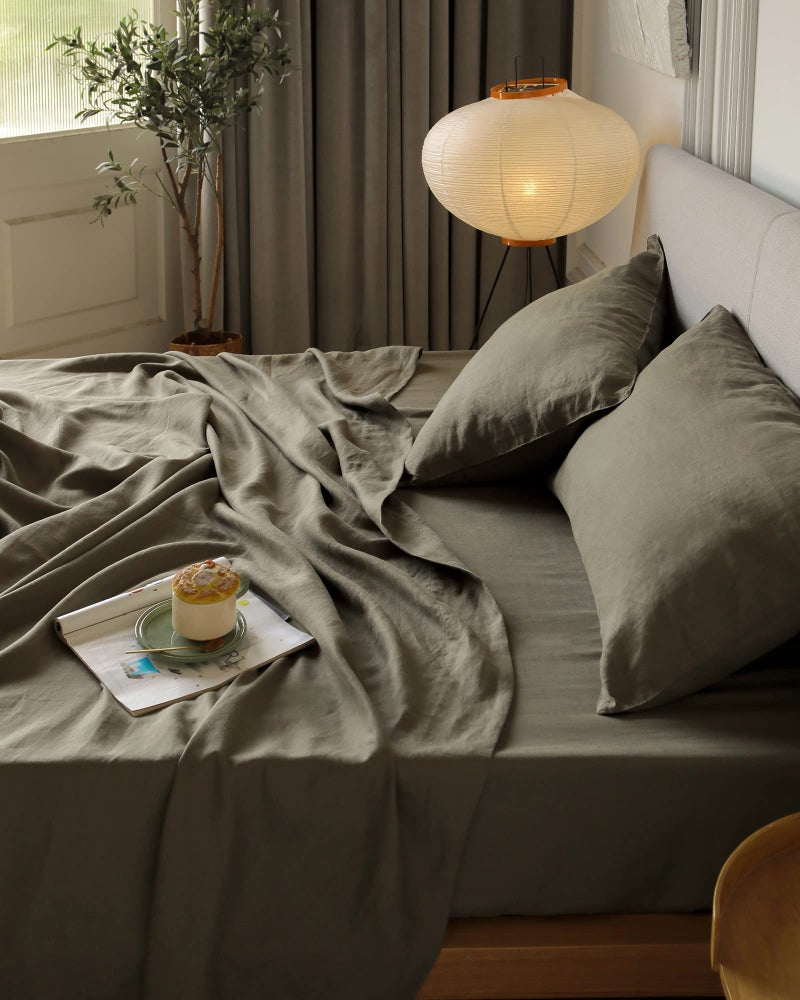 XZ XIFA XZ XIFA Olive Green Linen Sheets King Size Set 100 Washed French Flax Organic Linen Breathable and Cooling for Hot Sleepers 1 Flat 1 Fitted 2 Pillowcases 