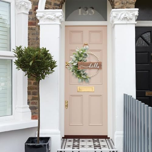 idyllic Green Wreath for Front Door, Wood Bead Wreaths with Artificial Lambs Ears Leaves, Hello and Welcome Door Sign Wreath for Home Decor, Spring Summer Green Leaf for Wedding Decor - Image 5