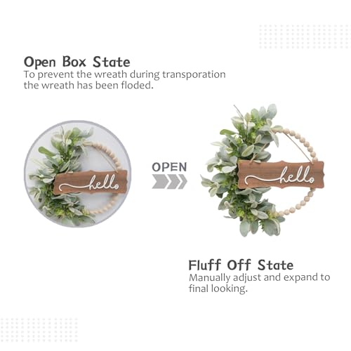 idyllic Green Wreath for Front Door, Wood Bead Wreaths with Artificial Lambs Ears Leaves, Hello and Welcome Door Sign Wreath for Home Decor, Spring Summer Green Leaf for Wedding Decor - Image 4