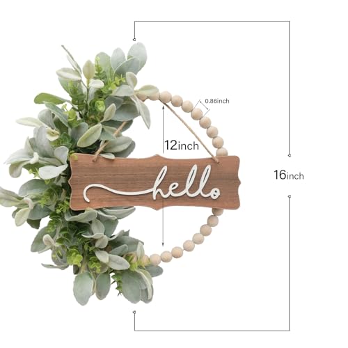 idyllic Green Wreath for Front Door, Wood Bead Wreaths with Artificial Lambs Ears Leaves, Hello and Welcome Door Sign Wreath for Home Decor, Spring Summer Green Leaf for Wedding Decor - Image 3