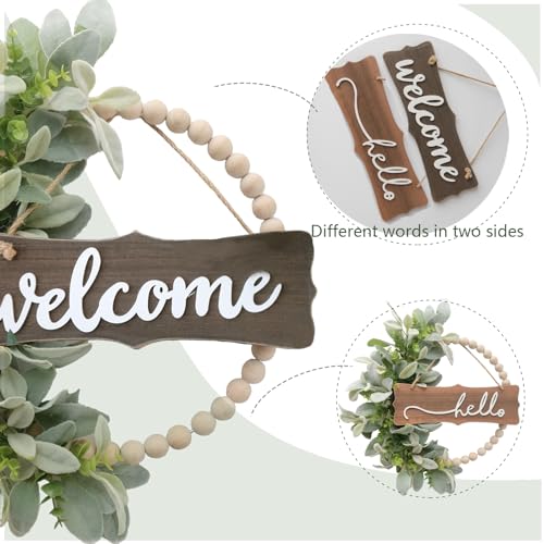 idyllic Green Wreath for Front Door, Wood Bead Wreaths with Artificial Lambs Ears Leaves, Hello and Welcome Door Sign Wreath for Home Decor, Spring Summer Green Leaf for Wedding Decor - Image 2