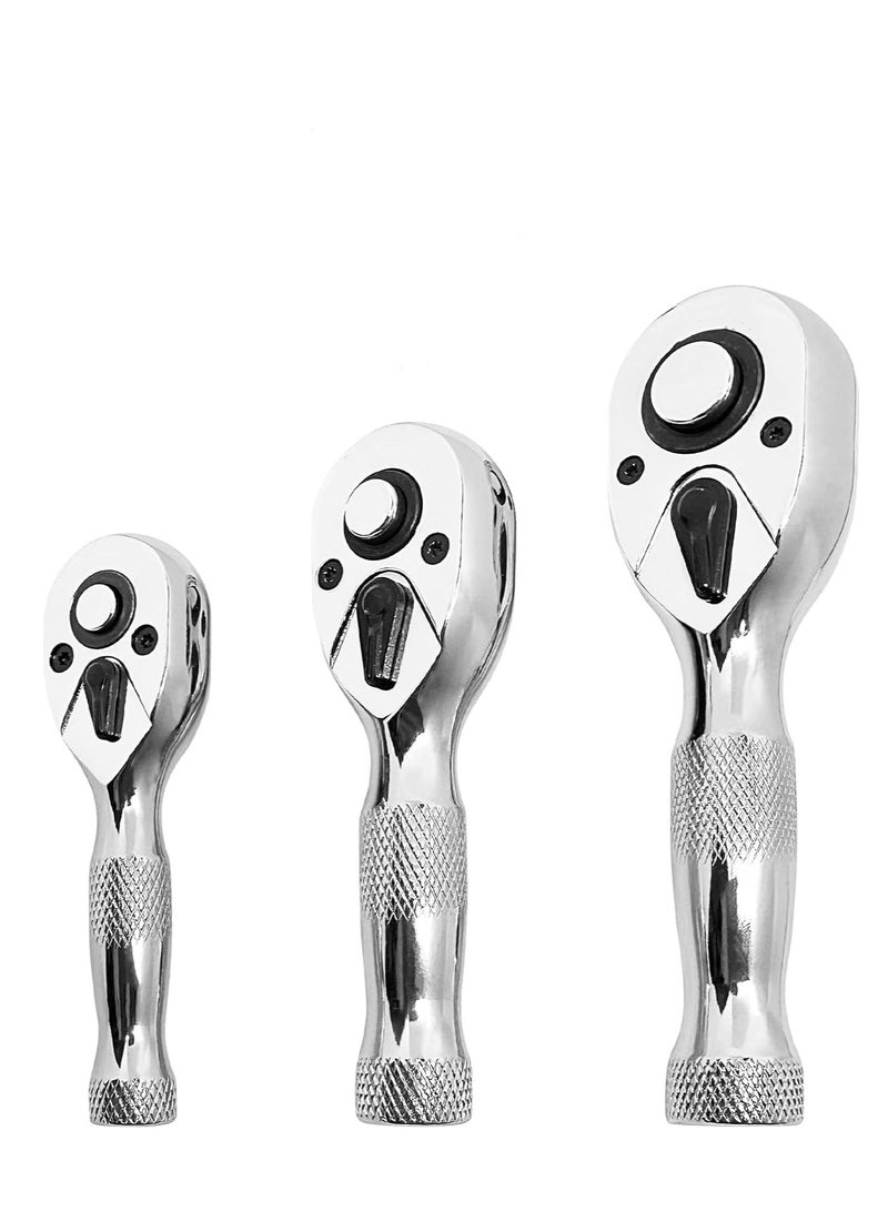 3 Pcs Stubby Ratchet Set, Quick Release Reversible, 1/4", 3/8", 1/2" Drive Mini Ratchet Handle, Small Ratchet Set, Chrome Alloy Made, CR-MO Head, 72-Tooth, Full Polished - Image 1