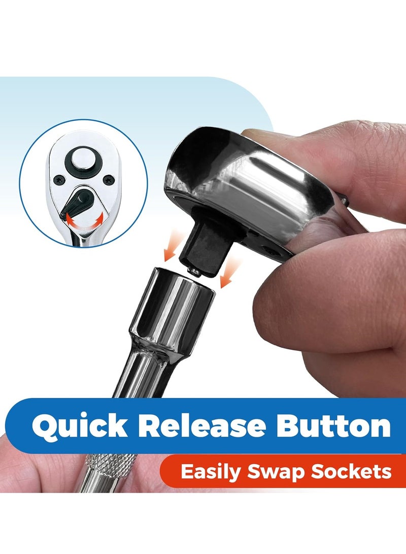 3 Pcs Stubby Ratchet Set, Quick Release Reversible, 1/4", 3/8", 1/2" Drive Mini Ratchet Handle, Small Ratchet Set, Chrome Alloy Made, CR-MO Head, 72-Tooth, Full Polished - Image 3