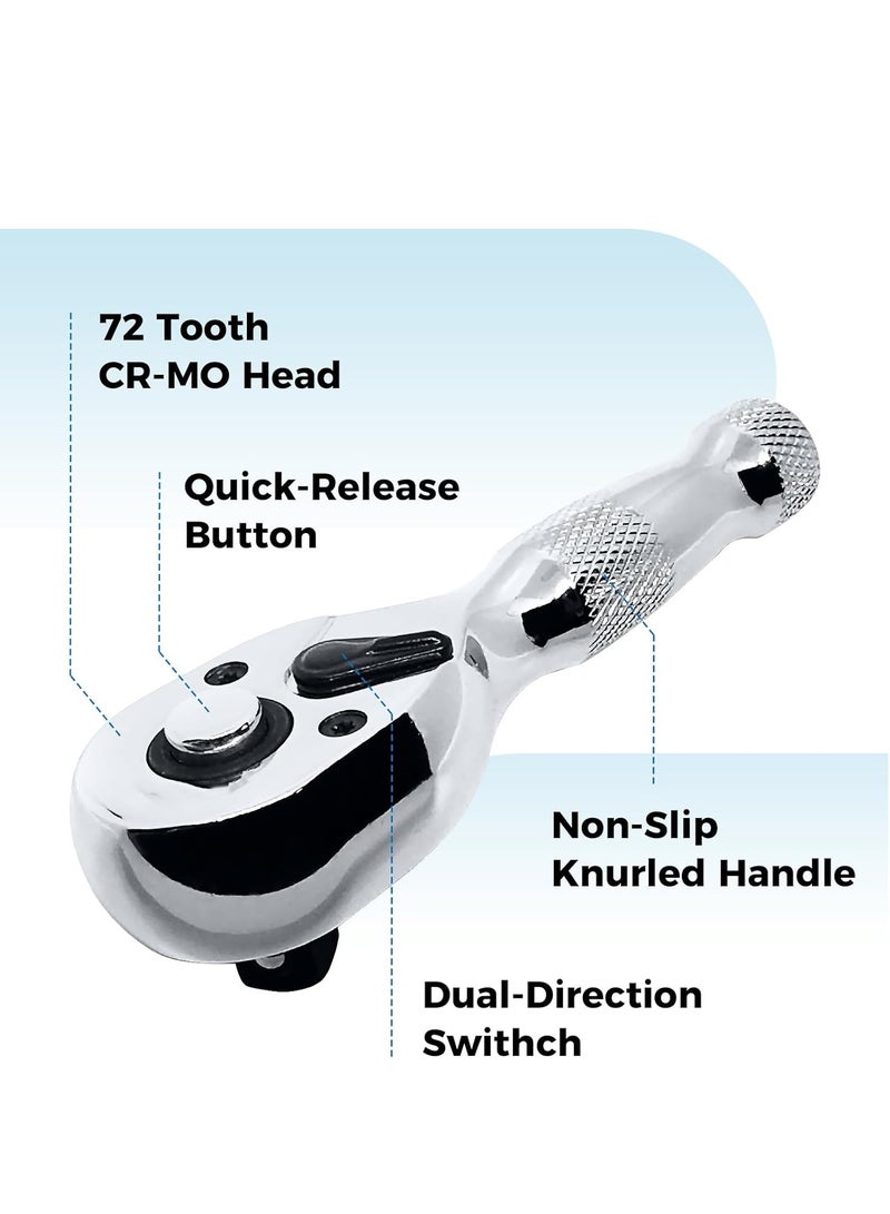 3 Pcs Stubby Ratchet Set, Quick Release Reversible, 1/4", 3/8", 1/2" Drive Mini Ratchet Handle, Small Ratchet Set, Chrome Alloy Made, CR-MO Head, 72-Tooth, Full Polished - Image 5