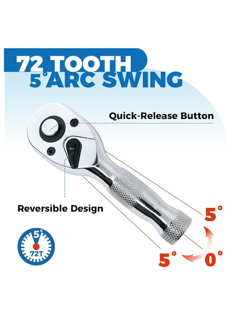 3 Pcs Stubby Ratchet Set, Quick Release Reversible, 1/4", 3/8", 1/2" Drive Mini Ratchet Handle, Small Ratchet Set, Chrome Alloy Made, CR-MO Head, 72-Tooth, Full Polished - Image 4