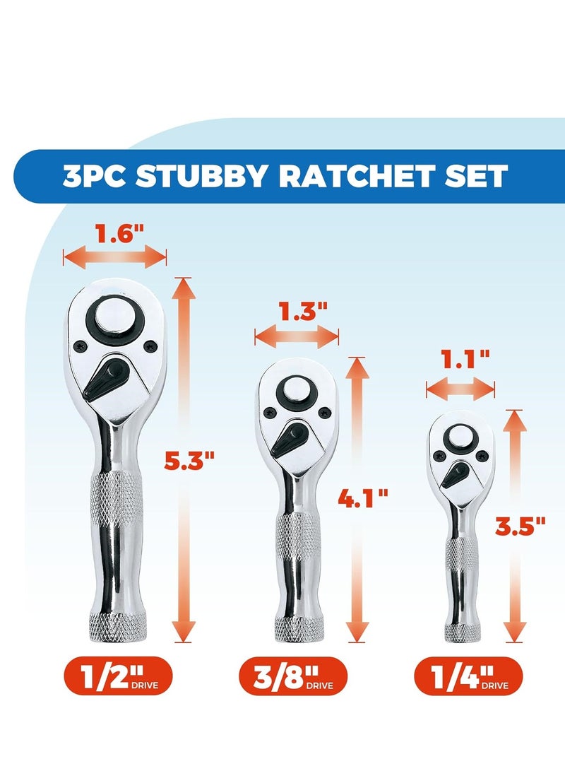 3 Pcs Stubby Ratchet Set, Quick Release Reversible, 1/4", 3/8", 1/2" Drive Mini Ratchet Handle, Small Ratchet Set, Chrome Alloy Made, CR-MO Head, 72-Tooth, Full Polished - Image 2