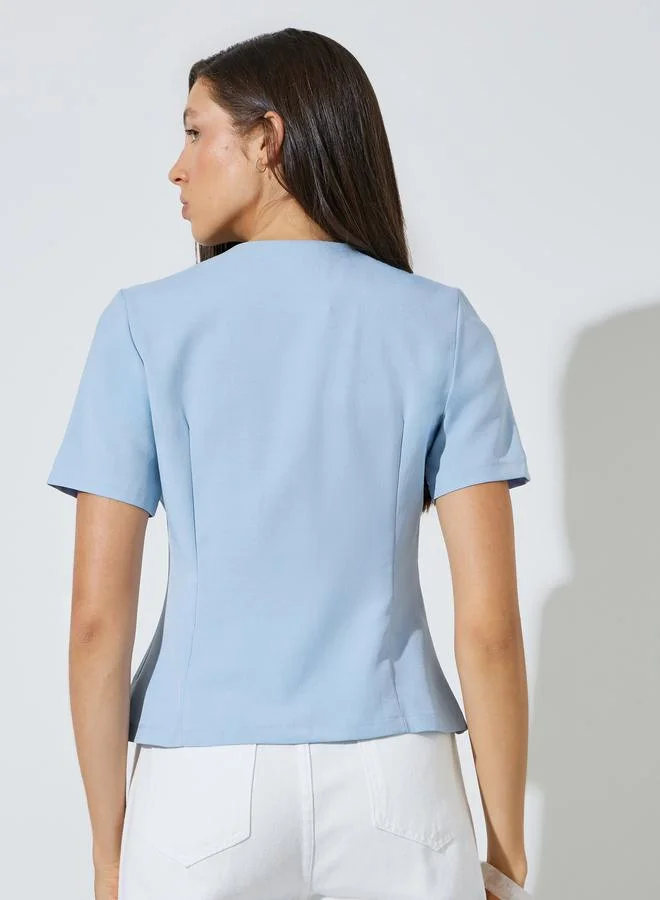 Styli Light Blue Light Blue Short Sleeve Button-Front Blouse for Women | Best Price UAE