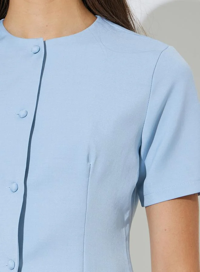 Styli Light Blue Light Blue Short Sleeve Button-Front Blouse for Women | Best Price UAE