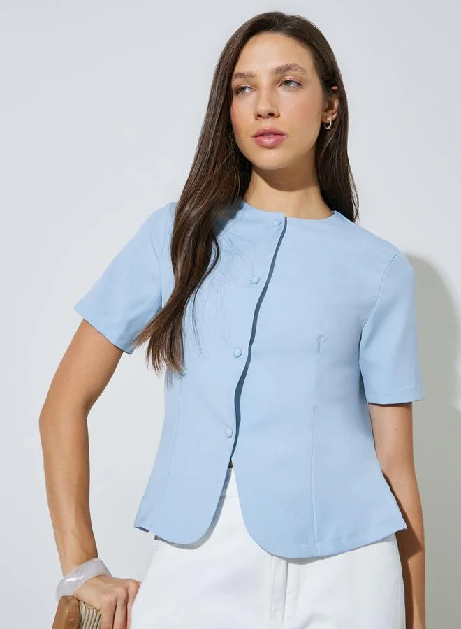 Styli Light Blue Short Sleeve Button-Front Blouse